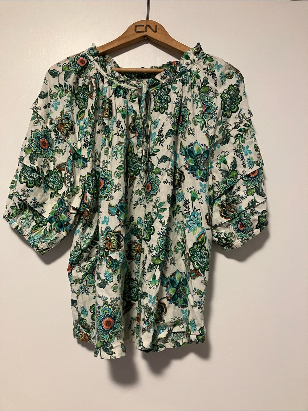 Floral Boho Tie-Neck Blouse in Green and Teal - Women Tops- Linen Blend